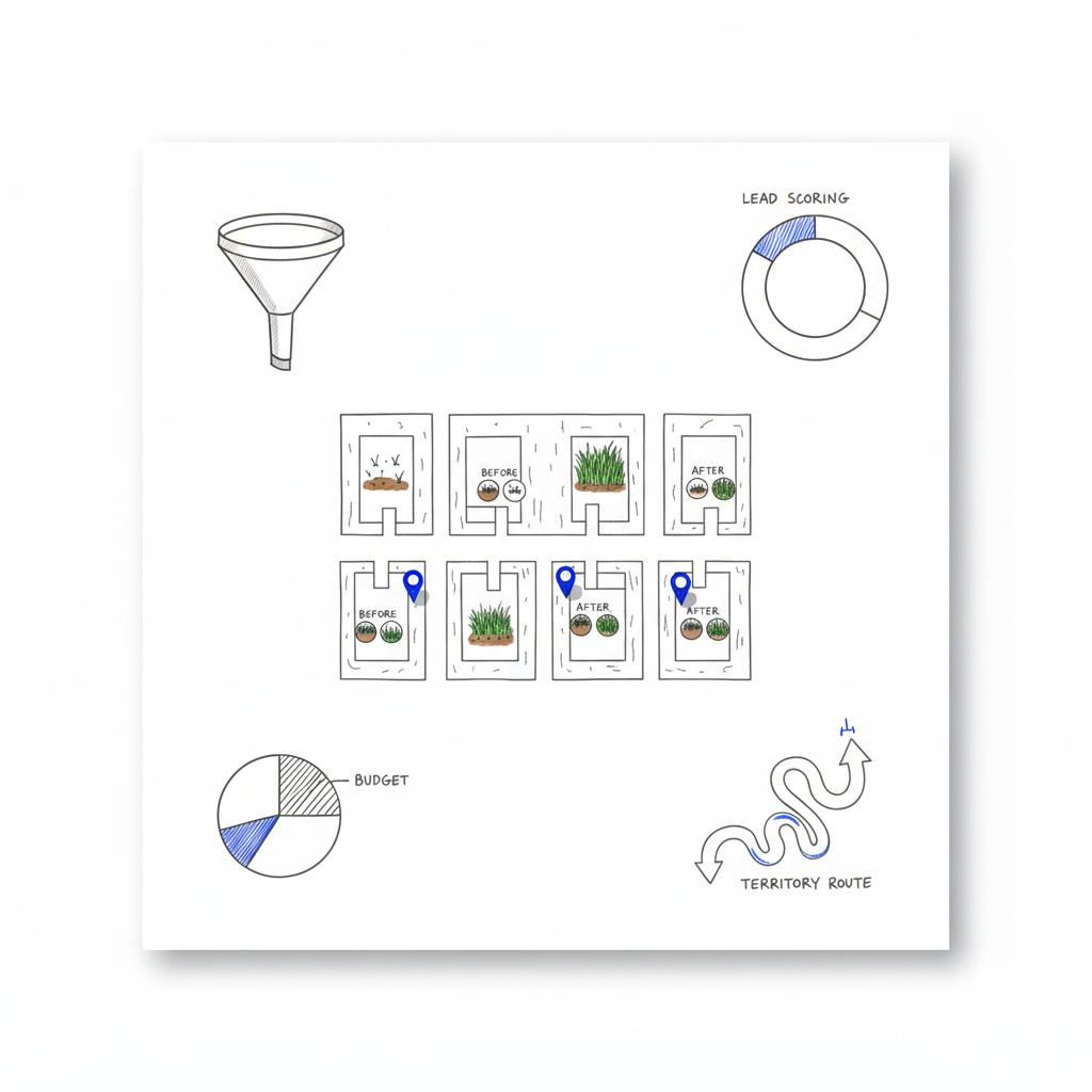 Notebook-style sketch of a suburban block with before-and-after front yard icons and blue pin markers indicating lawn care leads