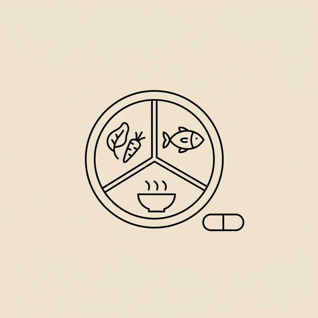 Minimalist Tonum-style line illustration of a divided plate with vegetables, protein, small grains and a capsule on a beige background — how to reduce PCOS belly