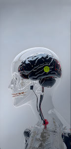 Transparent Cyborg Head with Black Mechanical Brain Implant