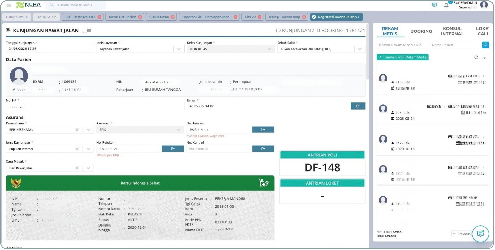 Tampilan fitur Registrasi & Data Pasien Terintegrasi pada Modul Admisi NUHA
