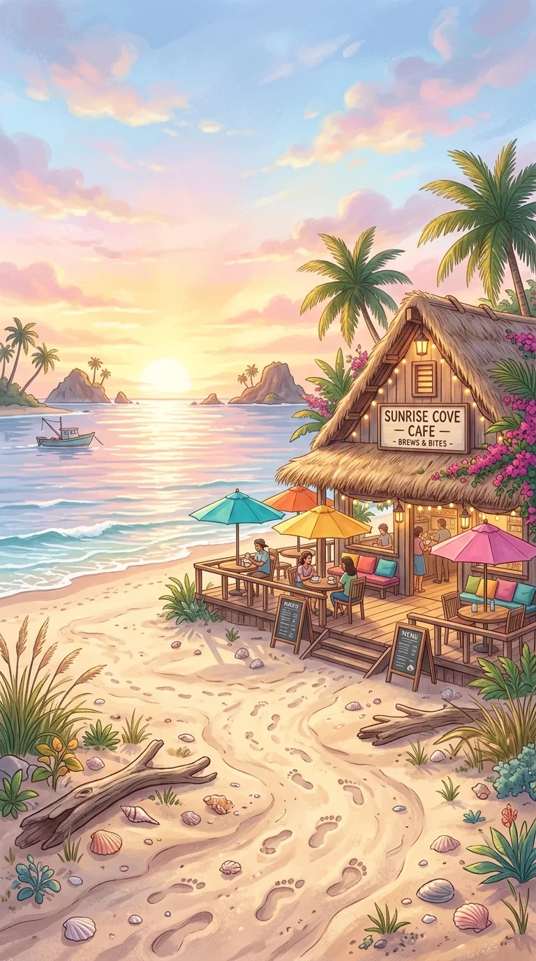 Enchanting Beachside Cafe at Sunrise with Seascape - Free 4K mobile Wallpaper