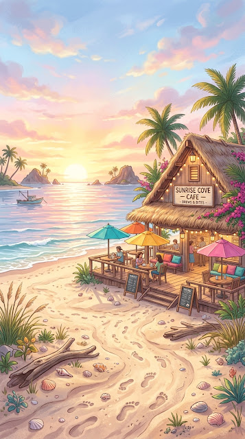 Enchanting Beachside Cafe at Sunrise with Seascape - Free mobile Wallpaper