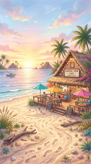 Enchanting Beachside Cafe at Sunrise with Seascape