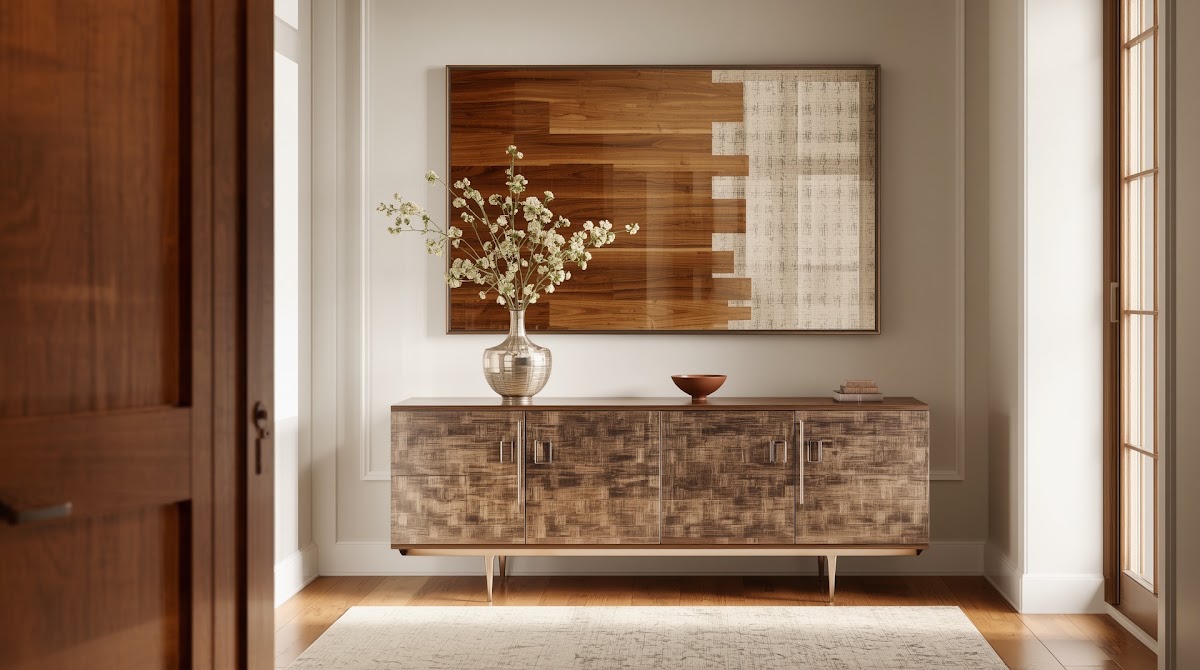How to Brighten a Dark Entryway With Chrome Wall Decor - chrome accents used in living room bedroom and dining room
