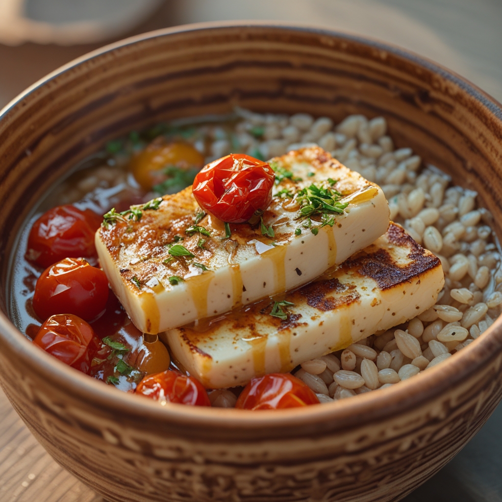 Final Harissa Halloumi & Barley Power Bowls with Lemon-Date Glaze