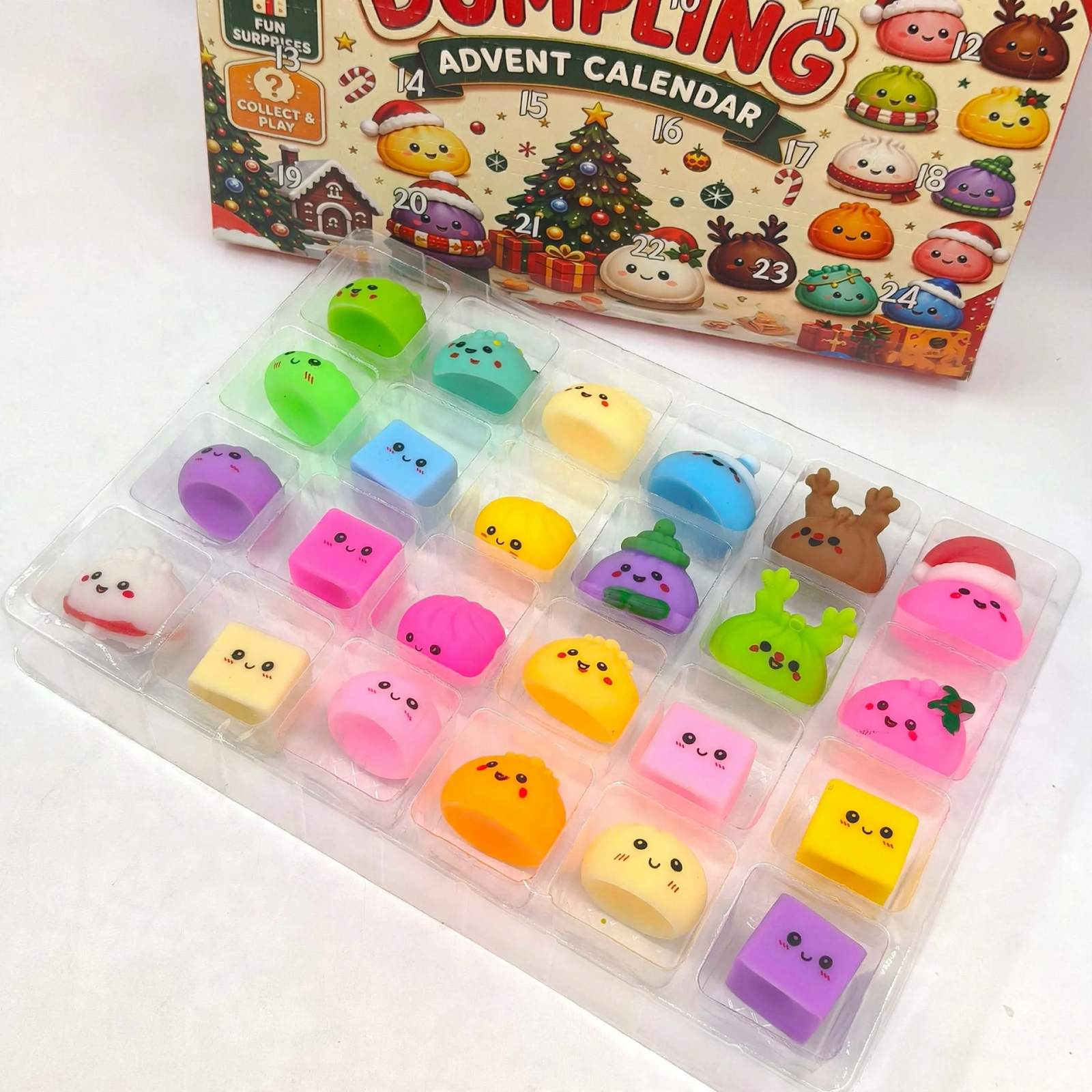 Adventskalender mit 24 Quetschfiguren in Obst- und Gemüseform