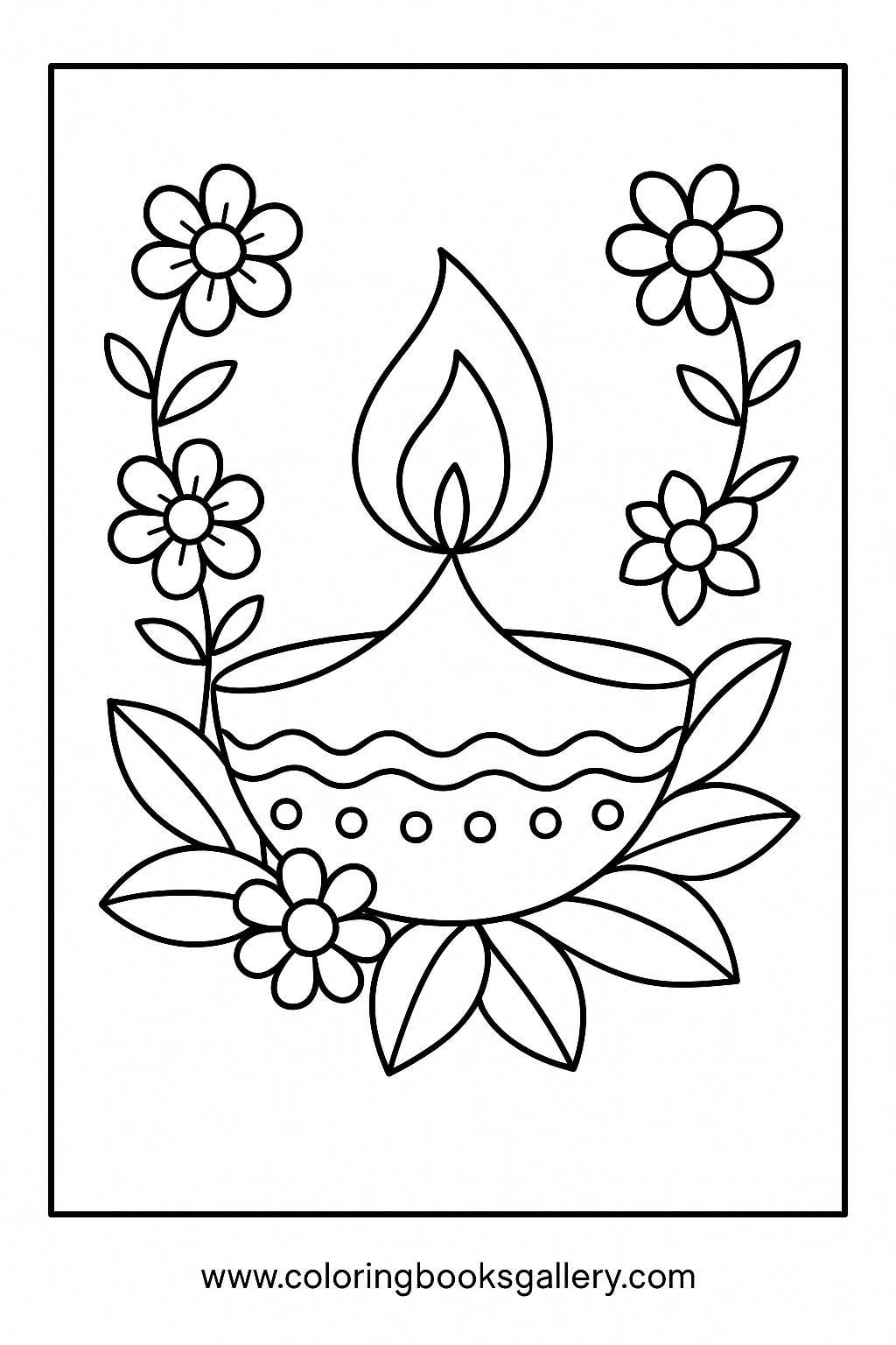 Diya lamp with floral decorations – Free Printable Coloring Sheet for Kids and Adults – printable coloring page