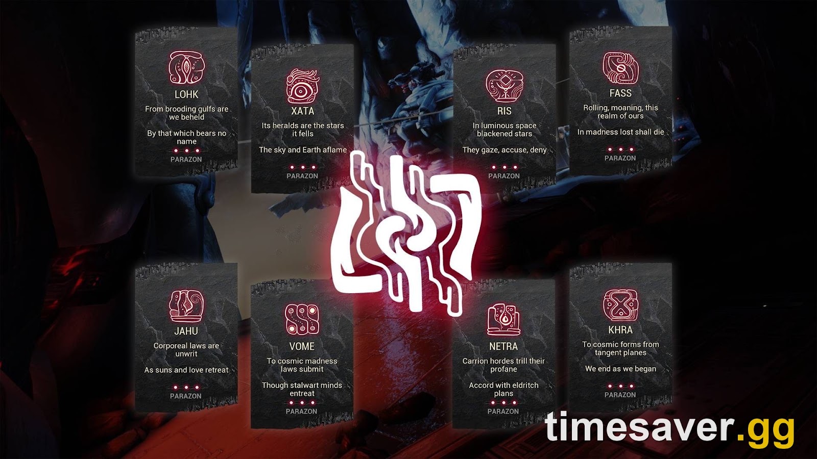 The eight Requiem Mods (Lohk, Xata, Ris, Fass, Jahu, Vome, Netra, Khra) used on the Parazon to kill a Kuva Lich in Warframe