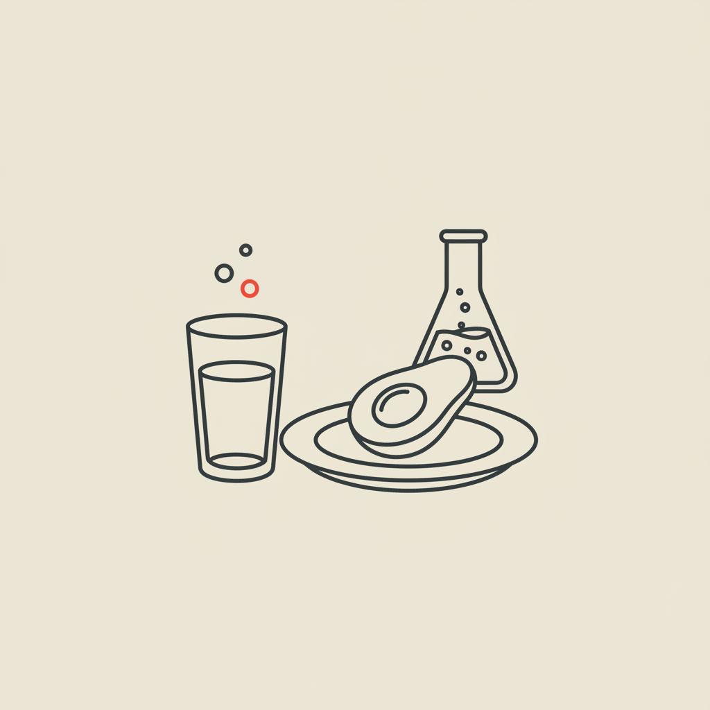 Minimal Tonum-style line illustration of a plate with an avocado half, a small lab flask, and a water glass with a salt pinch on beige background — effects of cutting carbs for 2 weeks