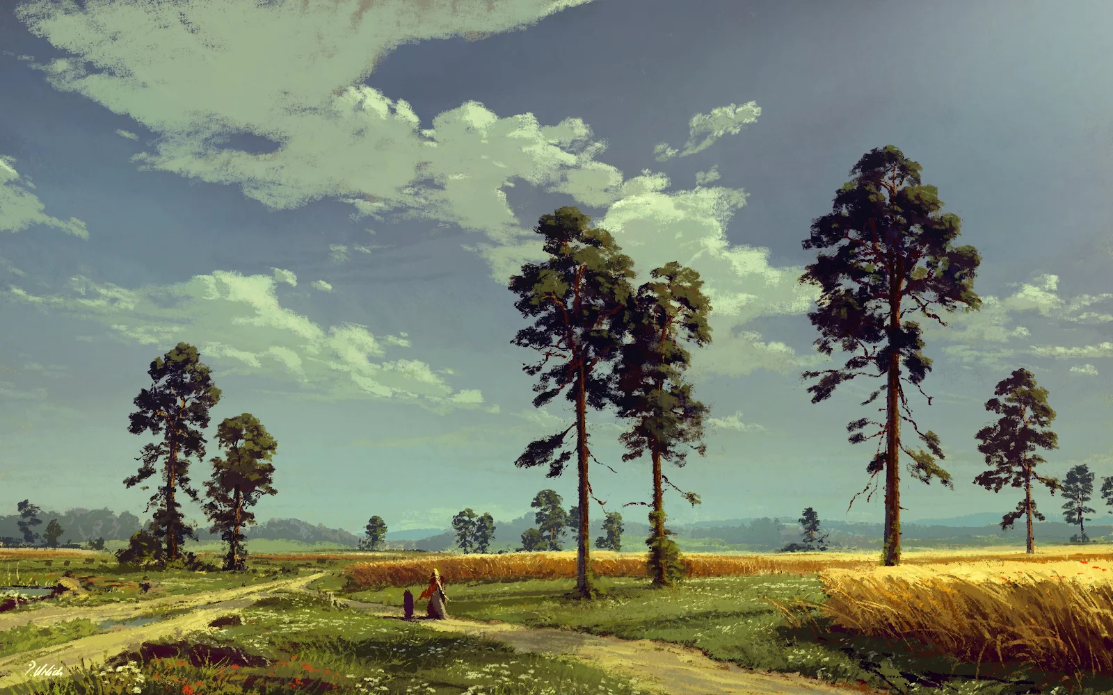 Tall Trees in Golden Fields - Digital Painting 4K Wallpaper (3840x2400)