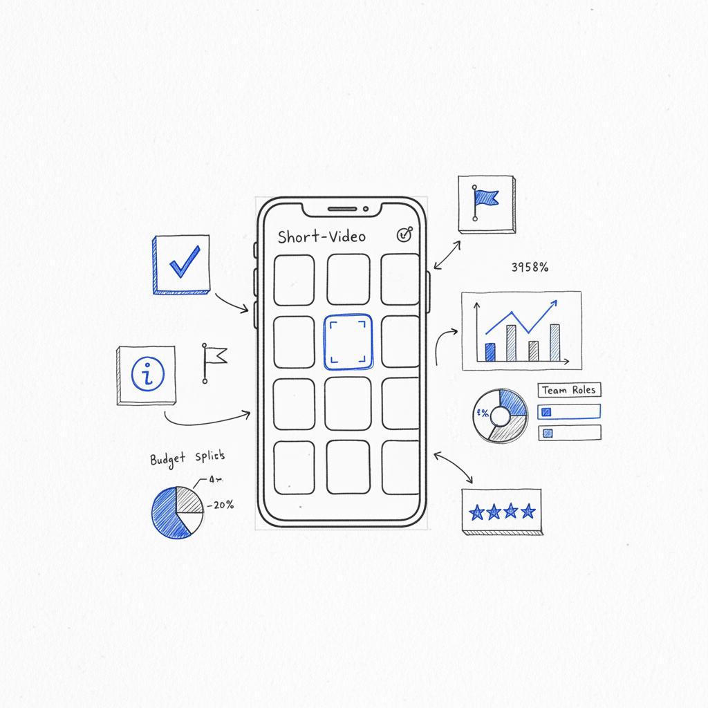 Minimalist notebook-style sketch of a phone grid of short-video thumbnails with evaluation icons and arrows to analytics, concept to watch TikTok