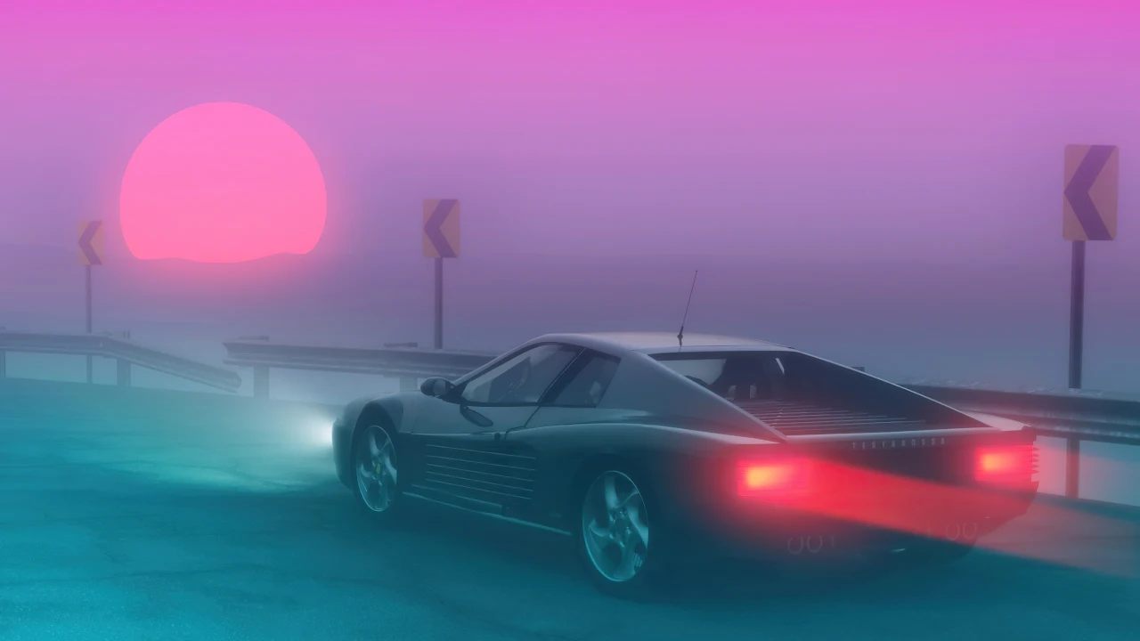 Synthwave, Ferrari Testarossa, Sunset, Mist, Ferrari 4K Desktop Wallpaper