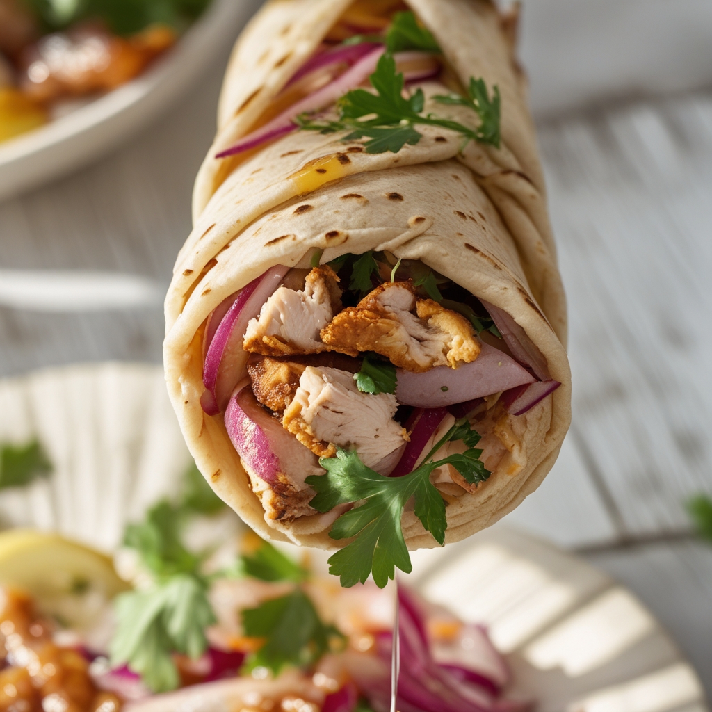 Crispy Za'atar Chicken Shawarma Protein Wraps with Quick Pickled Turnips & Garlic Tahini Sauce