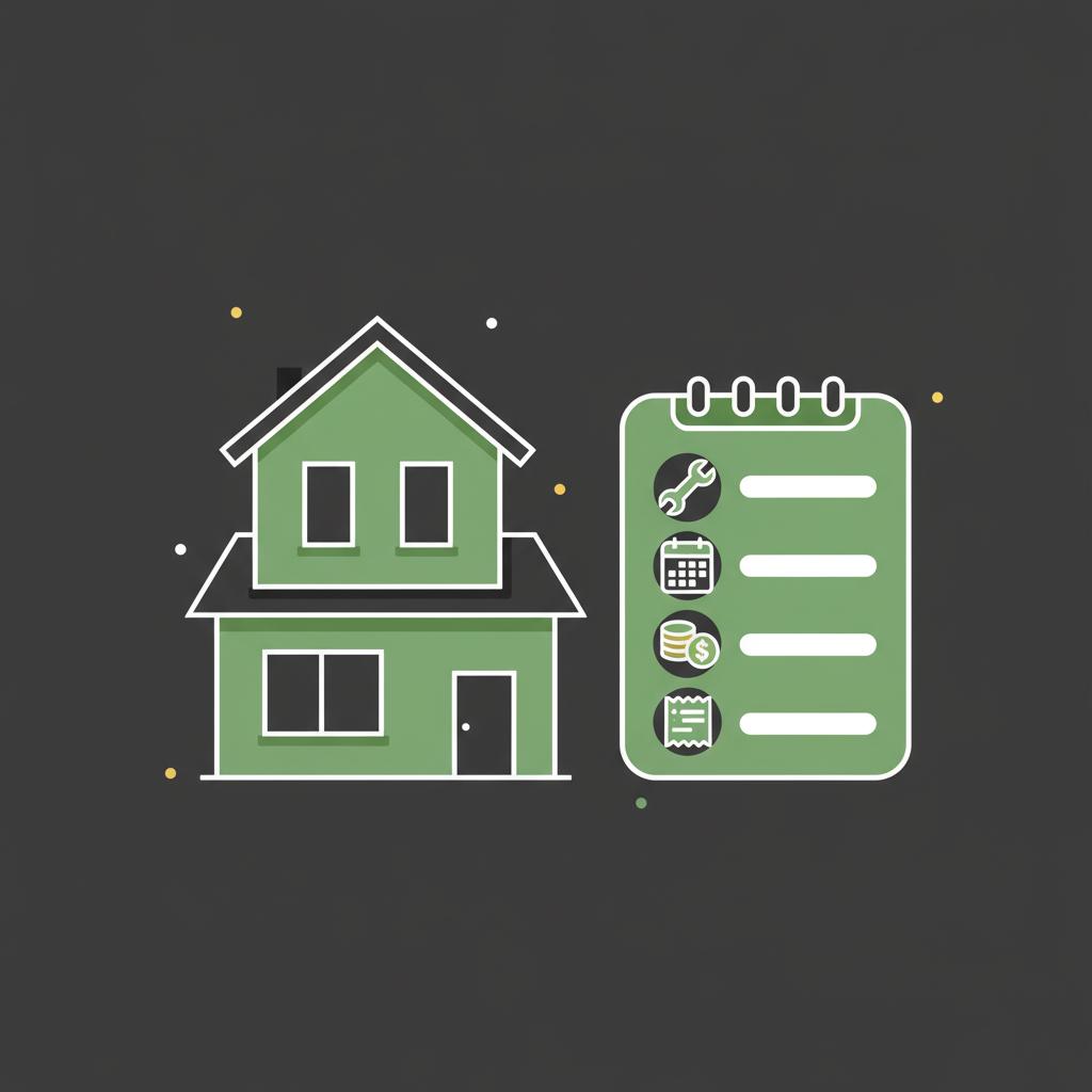 Flat vector illustration of a modest rental property and a notepad with expense icons for maintenance vacancy and taxes how to earn money from investing