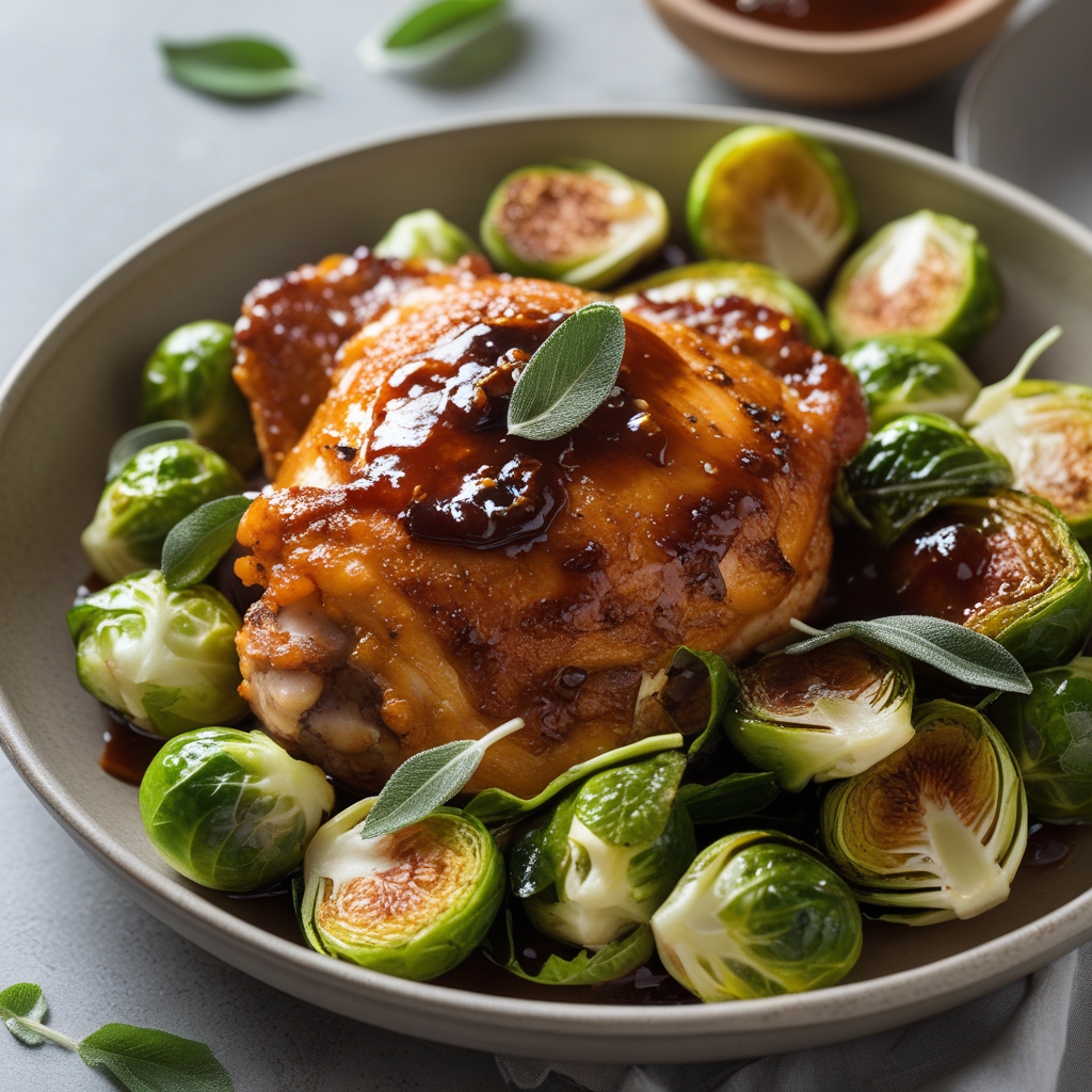 Final Golden Pan-Seared Chicken Thighs with Fiery Fig & Balsamic Glaze and Crispy Sage Brussels Sprouts