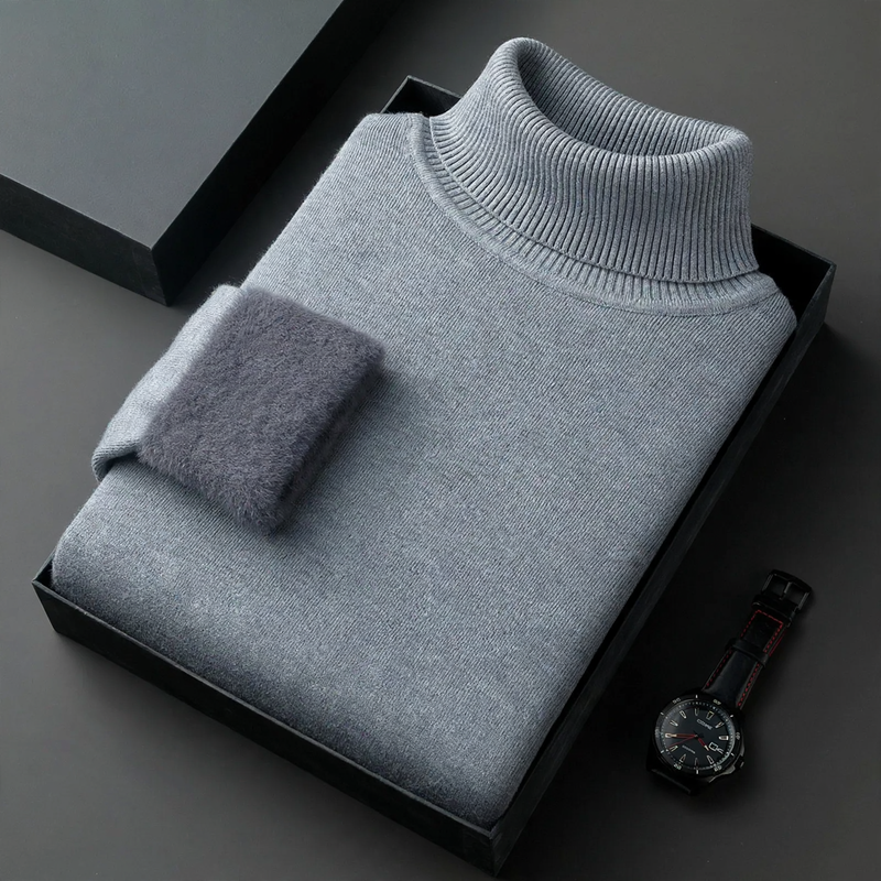 Men's knitted sweater with roll neck and wool content