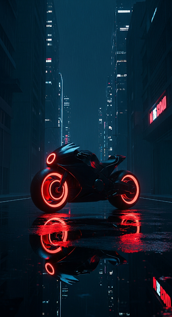 Dark Futuristic Motorcycle with Neon Red Wheels on a Wet City Street at Night - Free mobile Wallpaper