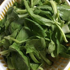 Cải thìa nhặt sạch, cắt đôi nếu lá lớn. Rửa sạch, để ráo.
