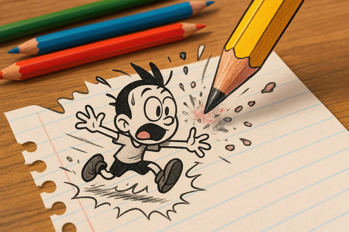 Personaje de dibujos animados fantásticos escapando de un lápiz gigante.