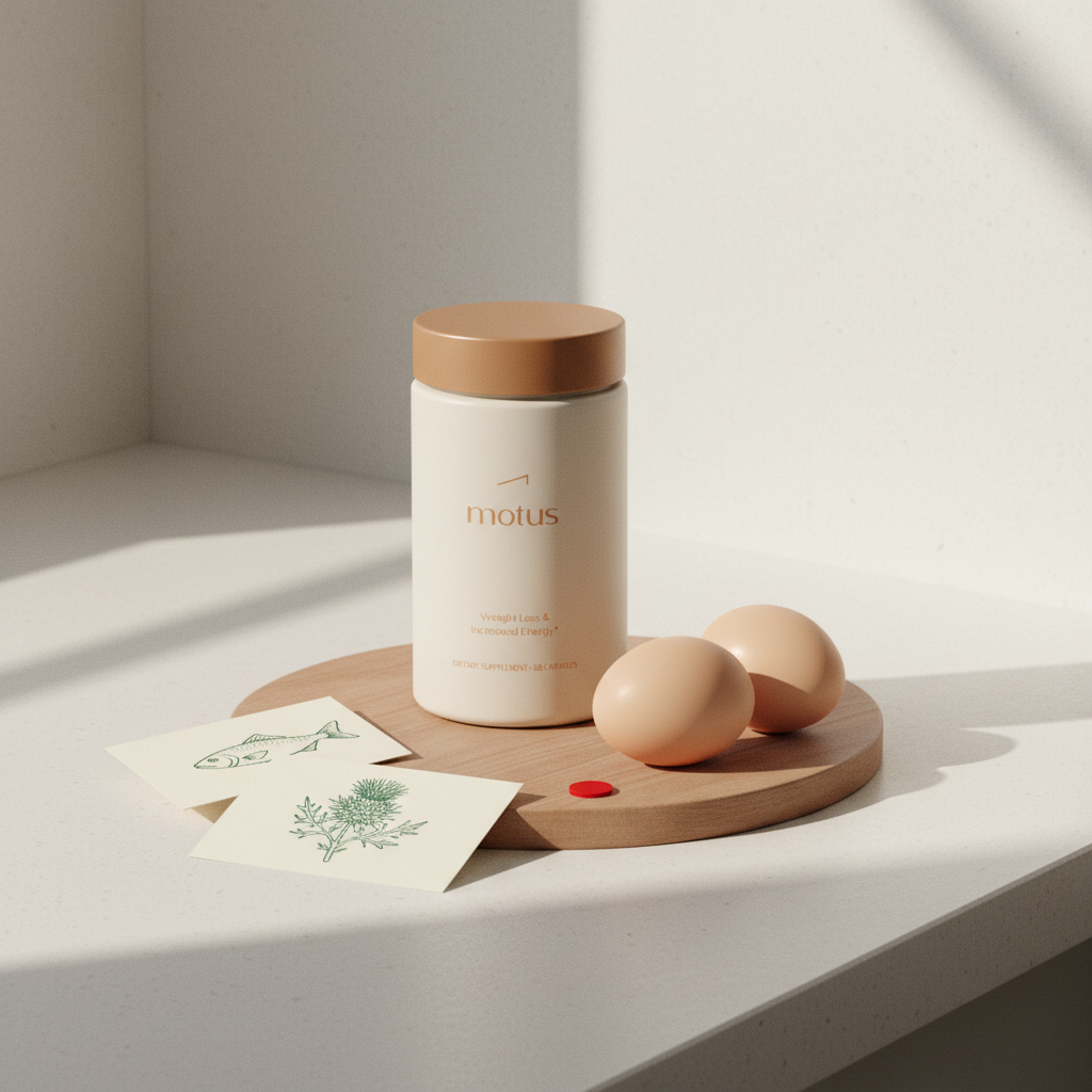 Minimalist kitchen still life of Tonum Motus jar with eggs, fish icon and milk thistle, suggesting weight loss support to lose 7% body fat