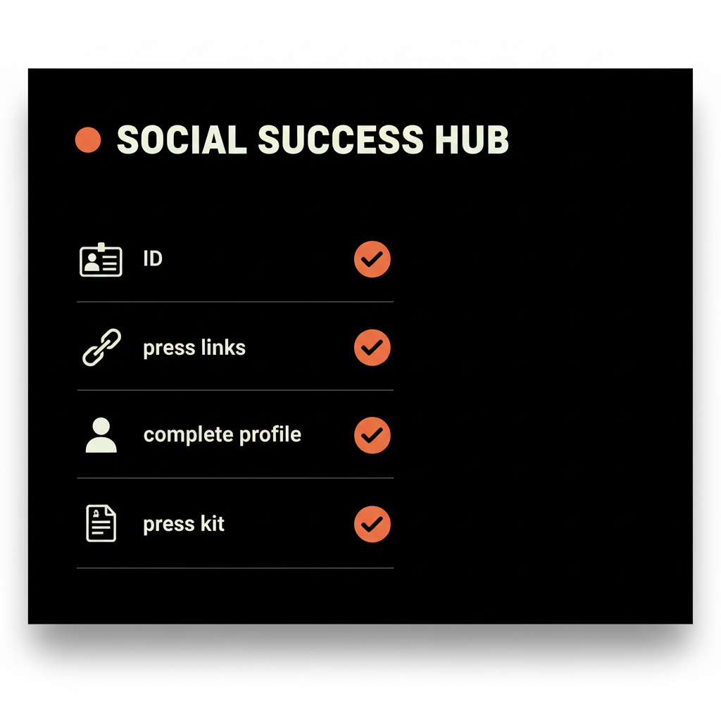 Minimal full-frame checklist infographic for instagram verification showing four items: ID, press links, complete profile, press kit with orange checkmarks on black background.