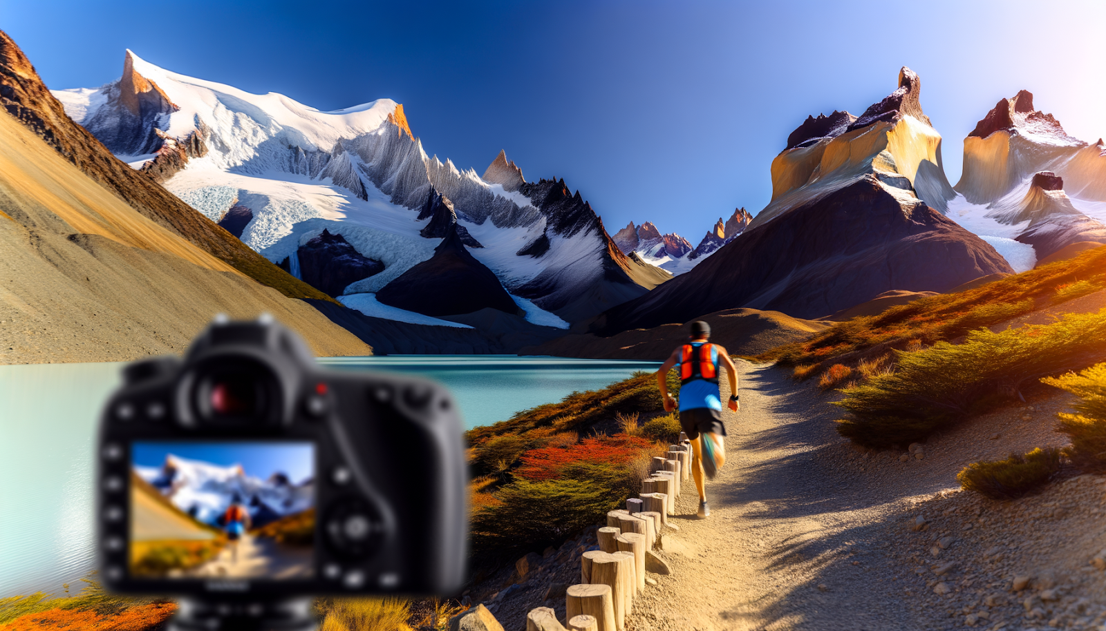 Trail runner en sendero de montaña en la Patagonia argentina con picos nevados y lago turquesa de fondo