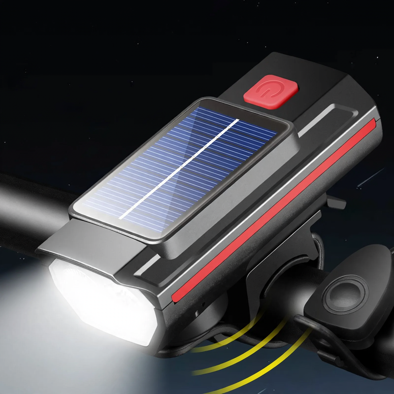 Bike light, solar charging, with horn and bell