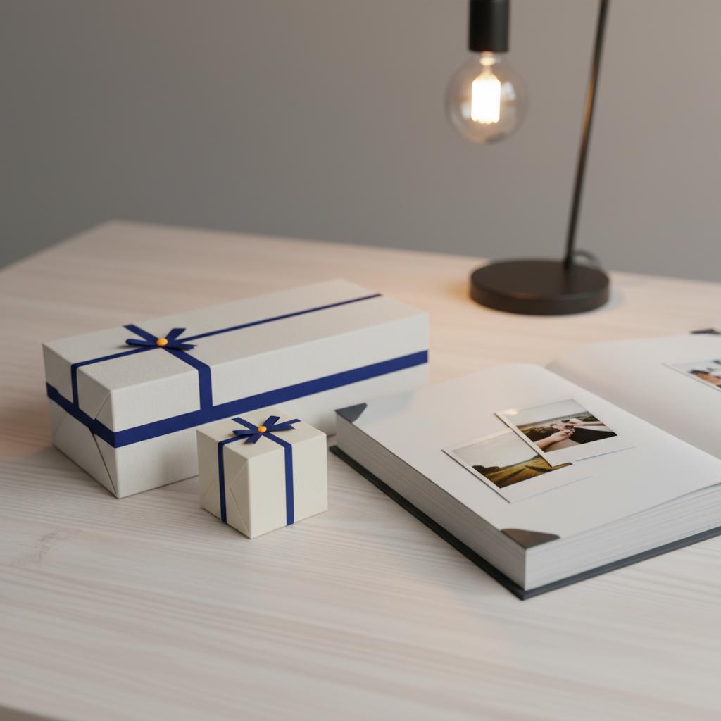 Nahaufnahme von Geschenkboxen und aufgeschlagenem Fotobuch auf Holztisch mit warmer Beleuchtung und Metallakzent – Geschenke für Erzieher minimalistisch präsentiert.