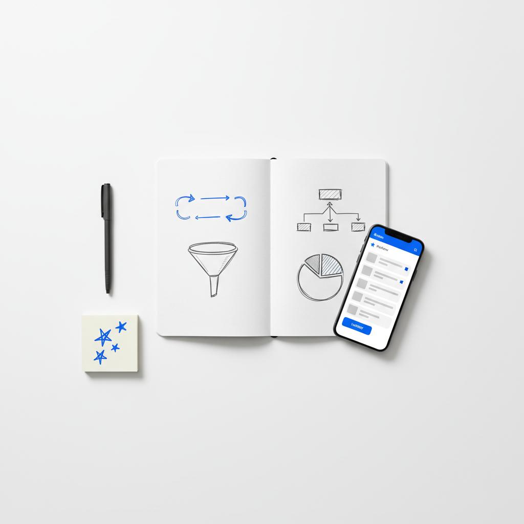 Minimalist overhead desk with notebook sketches, smartphone showing a generic review interface, pen and sticky notes with star doodles &mdash; concept for buy Google reviews