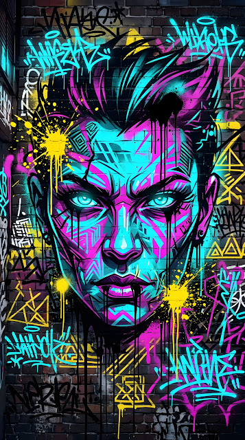 Vibrant Urban Graffiti Illustration of a Stylized Face with Abstract Splatters - Free mobile Wallpaper