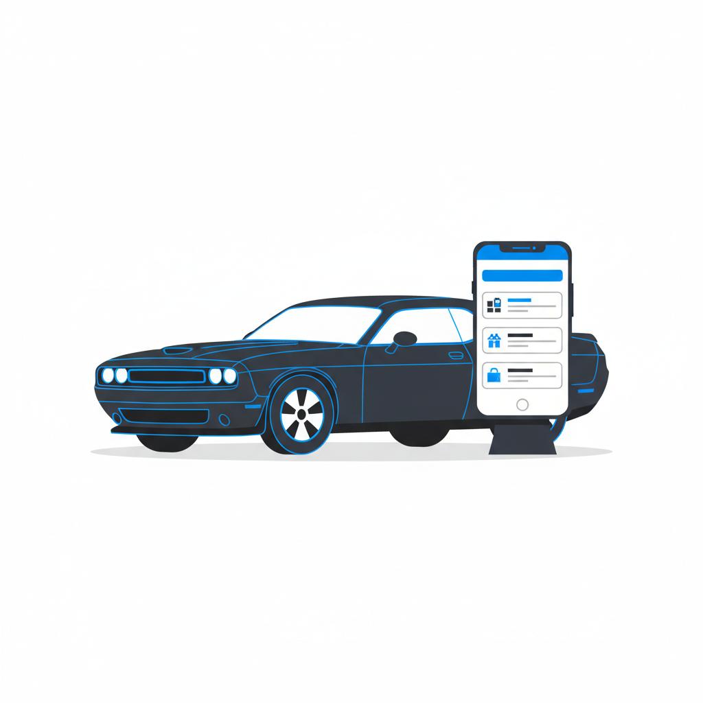 Minimalist 2D vector illustration of a used dodge challenger for sale parked beside a freestanding smartphone displaying abstract valuation cards in brand blue and dark outline