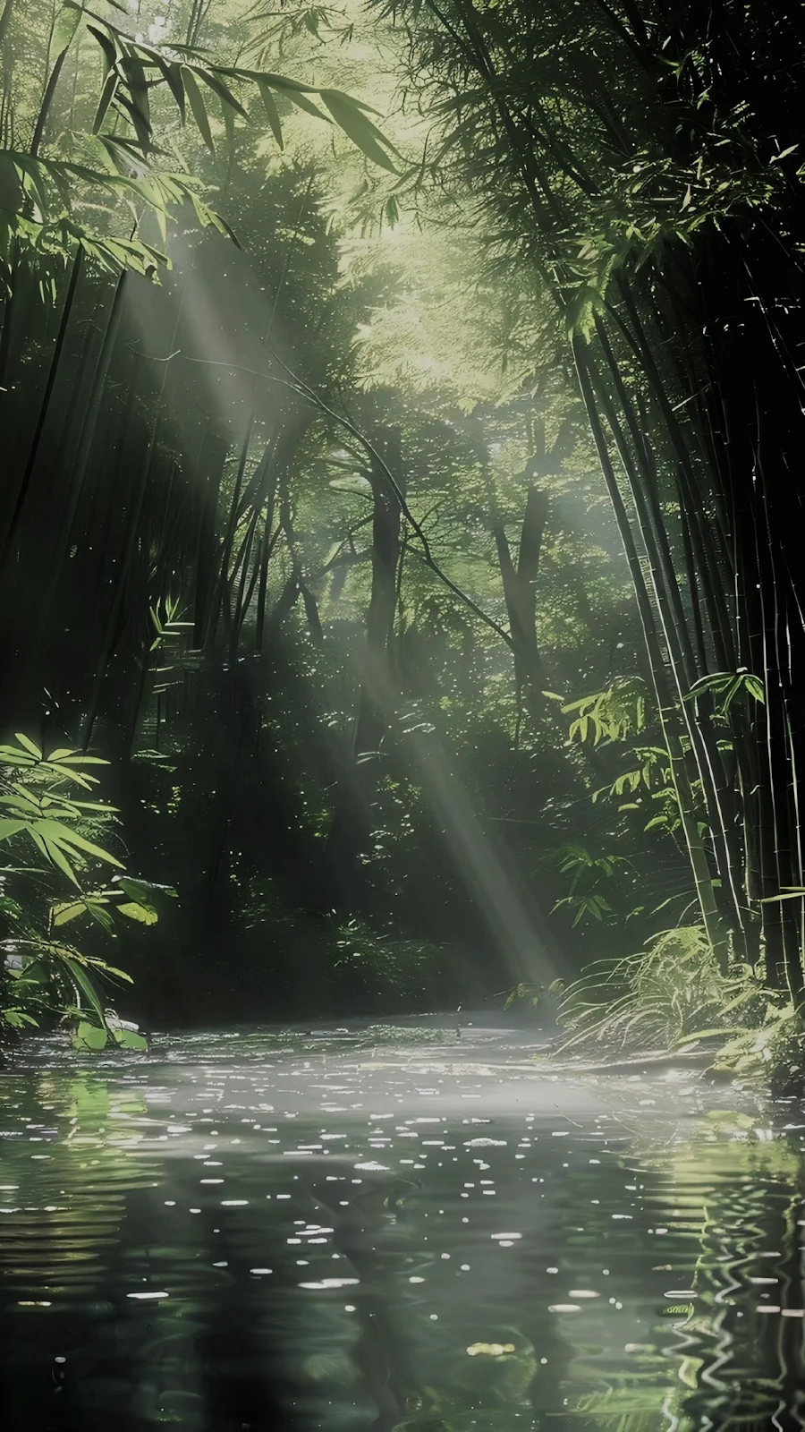 Sunlit Bamboo Forest Stream - Nature Photography Full HD iPhone Wallpaper (1287x2288)