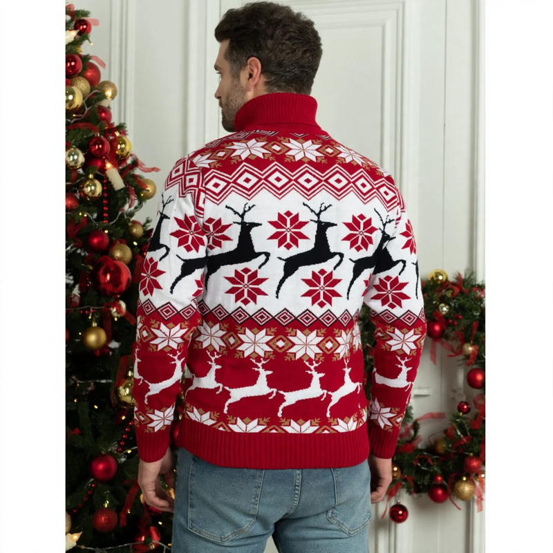 Unisex Christmas Sweater with Reindeer Jacquard and Turtleneck
