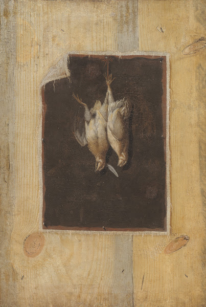 Trompe Loeil Board Partition With A Still Life Of Two Dead Birds Hanging On A Wa