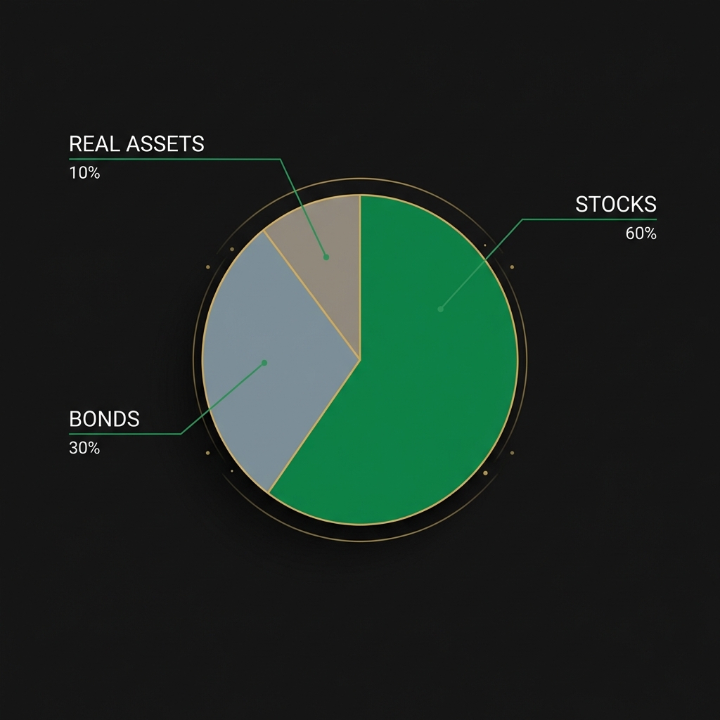 Minimalist full frame portfolio allocation pie chart on dark background showing stocks bonds and real assets distribution long term investing strategies