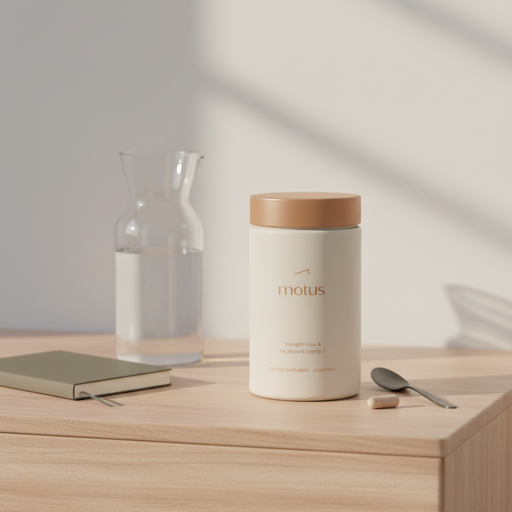 Tonum Motus jar on a wooden bedside table with water carafe, notebook, spoon and single capsule in soft morning light — how much weight will i lose with l-carnitine?