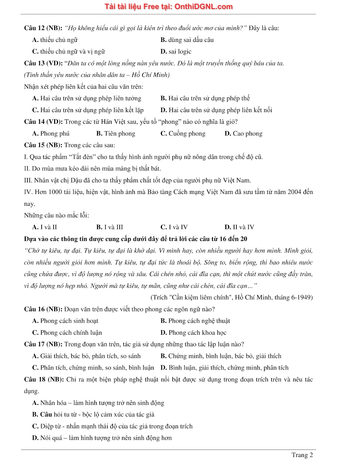 500 bài tập môn Ngữ Văn - Ôn thi ĐGNL ĐHQG TP HCM Phần 3