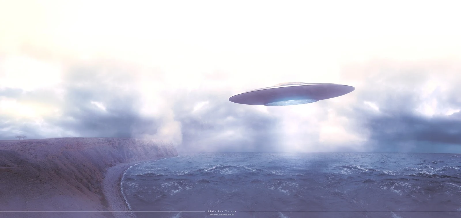 UFO Over The Misty Ocean - Digital Matte Painting 5K Wallpaper (6348x3000)