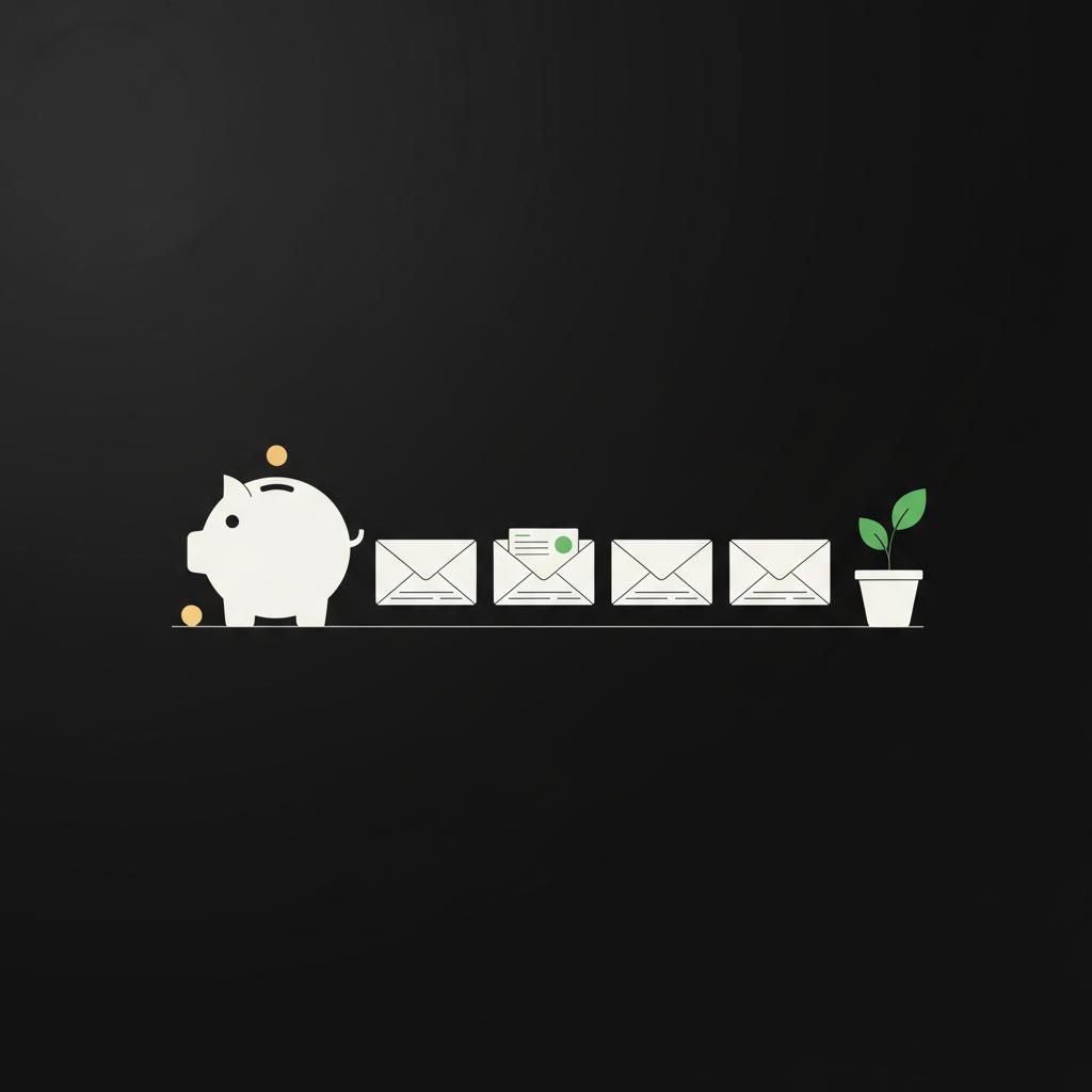 Minimal 2D vector illustration of a piggy bank envelopes and a small plant symbolizing how to invest $1000 a month for 5 years using Finance Police brand colors