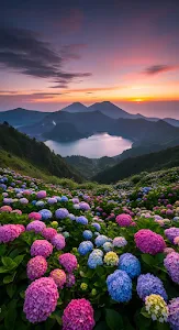 Vibrant Hydrangea Field Overlooking Volcanic Crater Lake Sunset