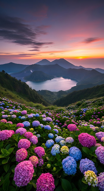 Vibrant Hydrangea Field Overlooking Volcanic Crater Lake Sunset - Free mobile Wallpaper