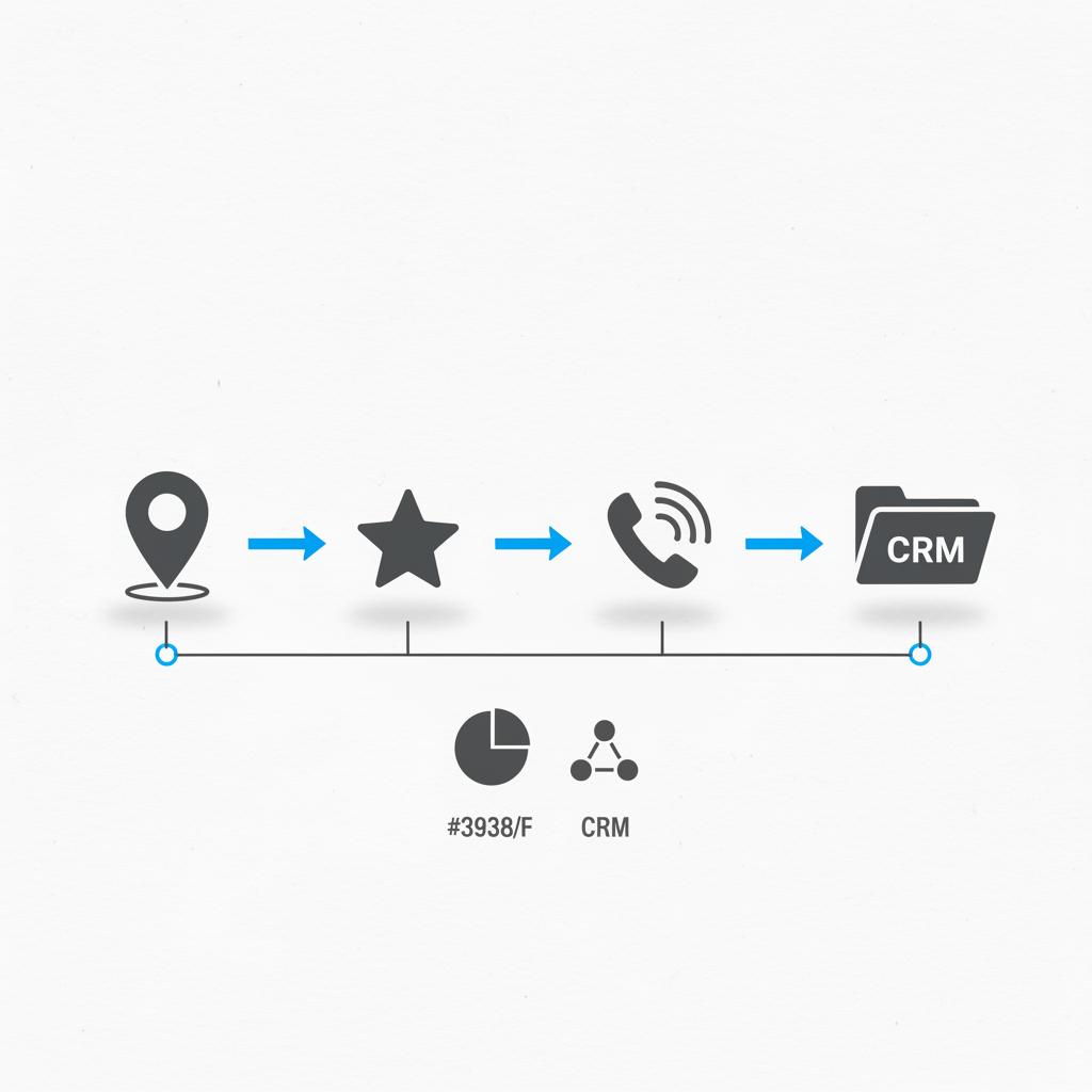 Minimalist vector notebook-style workflow map showing Google Business Profile pin, reviews star, phone calls icon, and CRM folder connected by highlighted arrows for marketing for plumbers