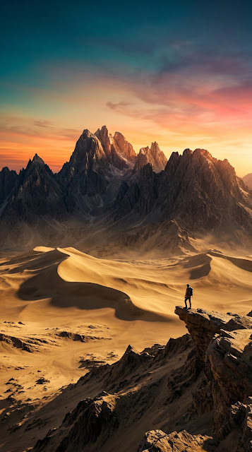 Lone Traveler in a Vast Desert with Jagged Mountains and Sunset Sky - Free mobile Wallpaper
