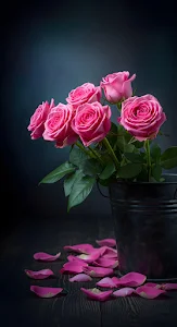 Vibrant Pink Roses Bouquet in Dark Bucket Still Life