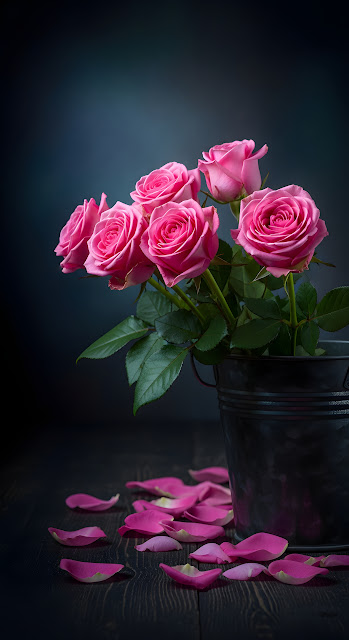 Vibrant Pink Roses Bouquet in Dark Bucket Still Life - Free mobile Wallpaper