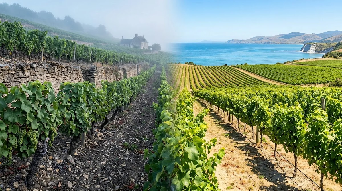Sauvignon blanc wine regions represented by cool Loire-style and vibrant New Zealand vineyard landscapes
