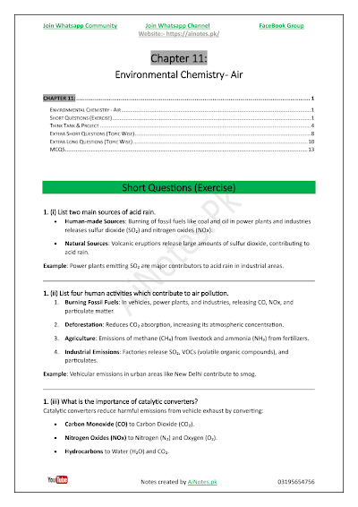 FBISE Class 9 Chapter 11 Environmental Chemistry - Air