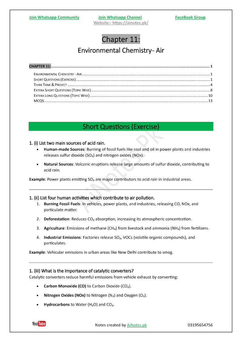 FBISE Class 9 Chapter 11 Environmental Chemistry - Air