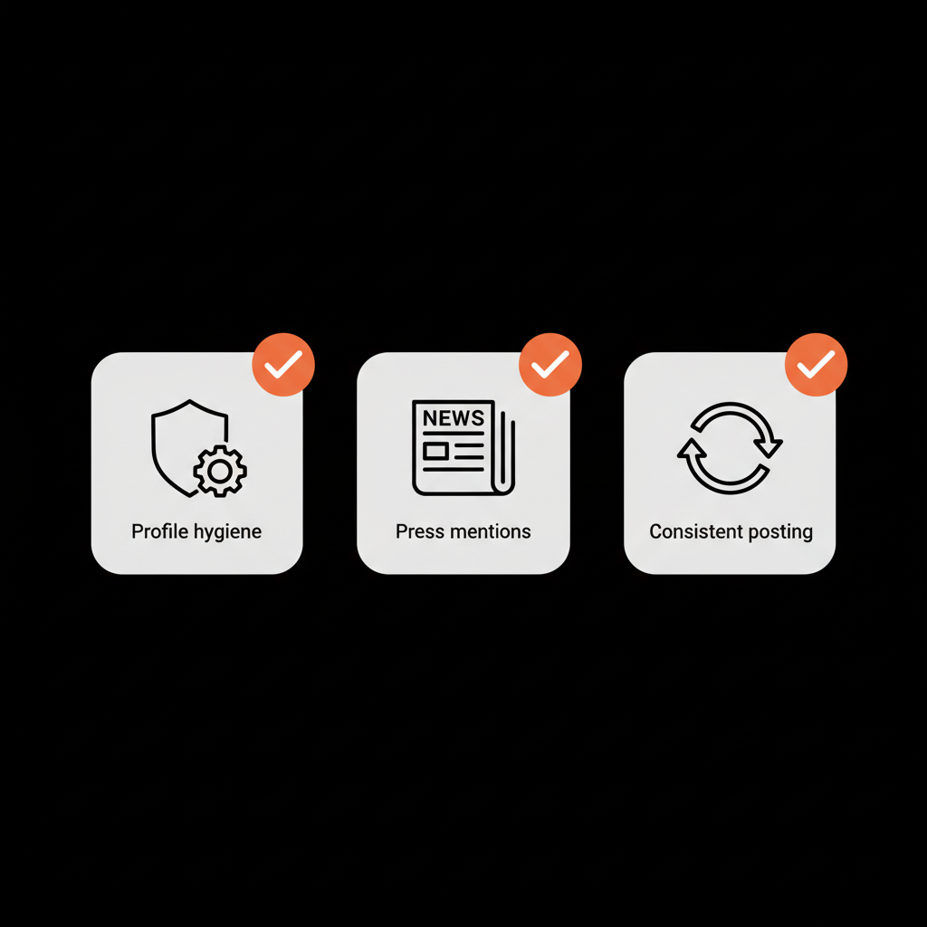 Minimalist 2D vector checklist infographic for TikTok verification showing three icons: shield+gear for profile hygiene, stylized newspaper for press mentions, and calendar/repeat icon for consistent posting with orange check accents on a black background.