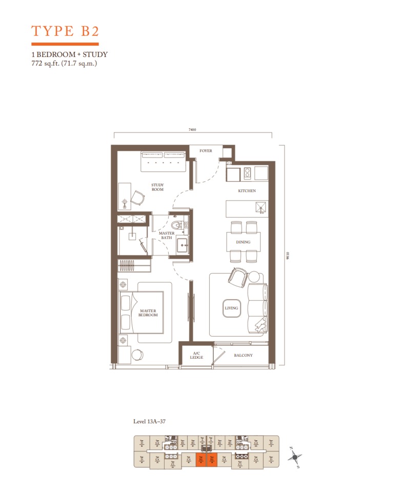 Pavilion Square Residences Type B2 floor plan — 772 sq ft, 2 bedrooms
